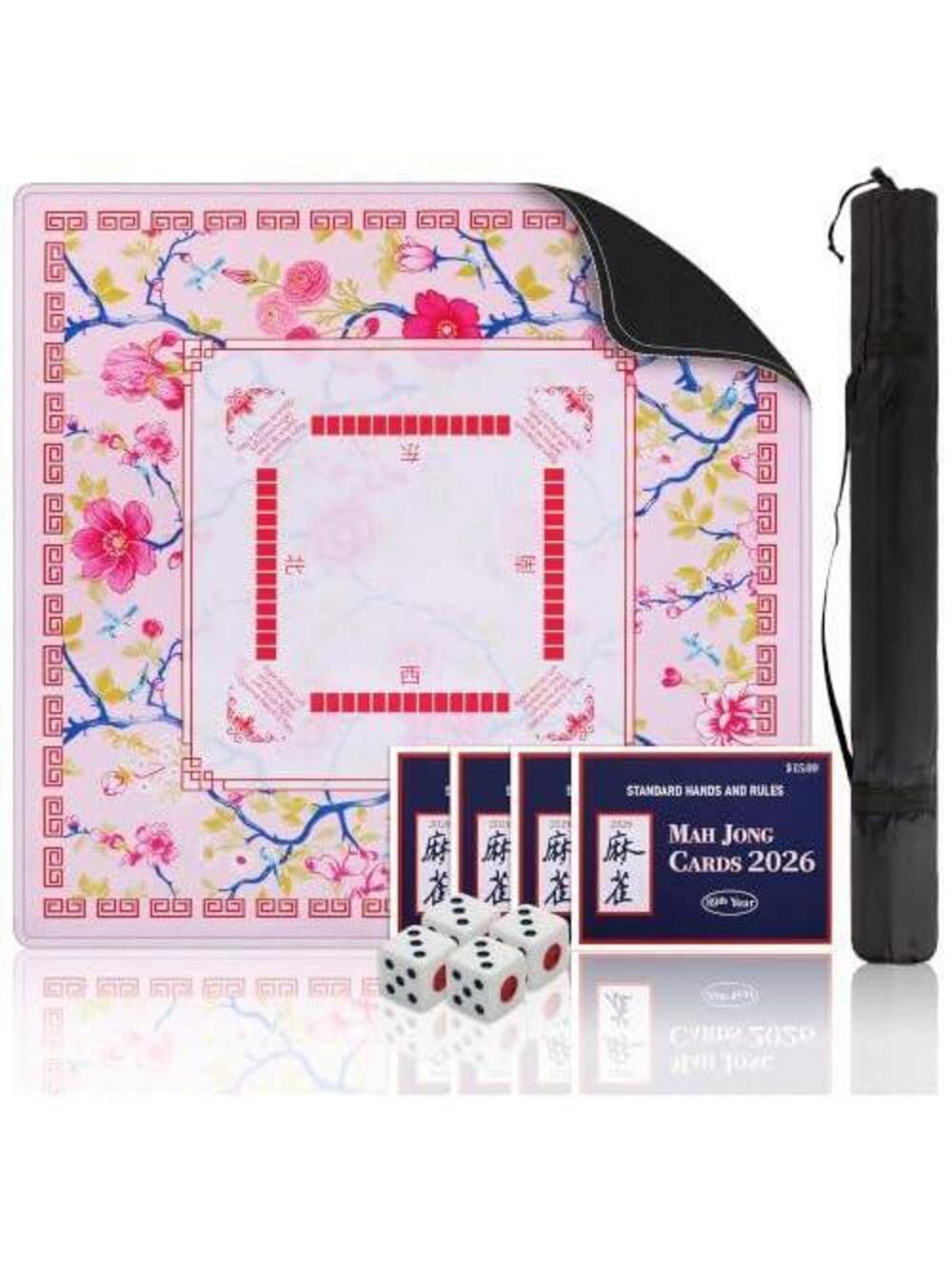 31.5 Inch Mahjong Mat with Dice, 2026 Cards & Carry Bag, Pink